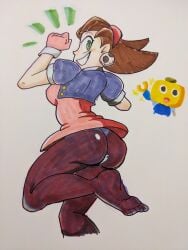 ass brown_hair capcom dress earrings feet female garbunkles gloves green_eyes hairband jacket looking_back male mega_man mega_man_legends pantyhose servbot smile traditional_art traditional_media traditional_media_(artwork) tron_bonne