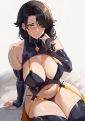 1girls alternate_version_available big_breasts black_hair black_thighhighs breasts cinder_fall closed_mouth eyes_visible_through_hair female female_only grey_background hair_over_one_eye highres huge_breasts lainart large_breasts looking_at_viewer medium_hair rwby sitting smile solo sweat thighhighs thighs