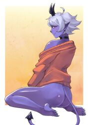 1girls ass bottomless corviwing demon female kneeling looking_back sweater tagme