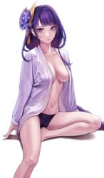 1girls absurdres applekun bare_legs barefoot black_panties breasts cleavage female genshin_impact highres large_breasts legs light-skinned_female looking_at_viewer low_ponytail mole mole_under_eye no_bra open_clothes open_shirt panties ponytail purple_eyes purple_hair raiden_shogun revealing_clothes robe sitting solo underwear