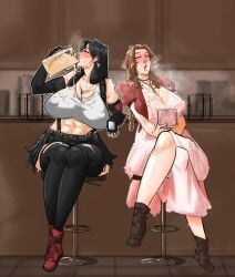 2girls aerith_gainsborough black_hair black_legwear boots brown_footwear brown_hair cleavage cropped_jacket crossed_legs dress drinking_cum final_fantasy_vii final_fantasy_vii_remake green_eyes half-closed_eyes huge_breasts jacket miniskirt pink_dress red_footwear red_jacket steaming_body suspender suspenders tank_top tifa_lockhart tokyoplip white_tank_top