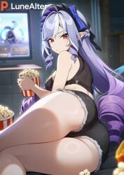 1girls ai_generated ass ass_focus big_ass big_breasts big_butt big_thighs black_shorts black_topwear eating female female_focus female_only hoyoverse laying_down long_hair looking_at_viewer lunealter mature_female mihoyo movie night pale-skinned_female pale_skin popcorn purple_hair red_eyes sfw thick_ass thick_butt thick_hips thick_legs thick_thighs vivian_banshee zenless_zone_zero