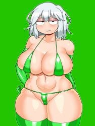 1girls ash_(nagomami) background big_breasts bikini breasts female green_armwear green_background green_bikini green_gloves green_legwear green_panties huge_breasts micro_bikini nagomami white_hair