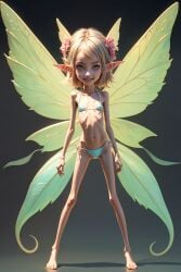 ai_generated bikini blonde_hair elf_ears fairy fairy_wings female flowers_in_hair hip_bones leaf_wings legs_apart navel pointy_ears ribs skinny solo standing wings