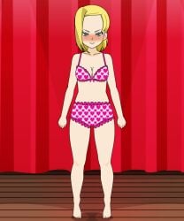 android_18 blush bra bra_and_panties dragon_ball dragon_ball_super dragon_ball_z embarrassed embarrassed_underwear_female heart_bra heart_panties heart_print_bra heart_print_panties heart_print_underwear heart_underwear kisekae masterwedgier on_stage panties underwear