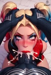 ai_generated blonde_female blonde_hair blowjob blowjob_face blue_eyes boosty boosty_username crying cum cum_in_mouth cum_inside dc_comics harley_quinn marvel_comics rpaint venom venom_(marvel)