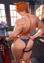 1boy ass genshin_impact haruartx huge_ass male male_only muscular muscular_male orange_hair short_hair solo tartaglia_(genshin_impact) thong