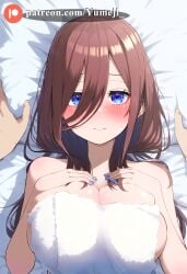 1boy 1girls ai_generated bed blue_eyes blue_nails blush breasts brown_hair go-toubun_no_hanayome hands_on_breasts large_breasts laying_on_bed looking_at_viewer nakano_miku towel yumeji_