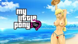 1girls 2025 abs applejack_(eg) applejack_(mlp) areolae beach big_breasts bikini_bottom blonde blonde_female blonde_hair blue_panties boobieboom breasts cowboy_hat cowgirl english_text equestria_girls female female_only freckles friendship_is_magic grand_theft_auto green_eyes hasbro holding_hat hourglass_figure large_breasts looking_at_viewer my_little_pony nipples o-ring_panties panties panties_only red_bikini red_bikini_bottom side-tie_panties solo solo_female stetson topless topless_female wallpaper