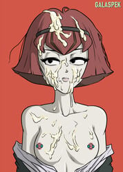 1girls android black_eyes breasts breasts_out bukkake cum cum_all_over cum_everywhere cum_on_body cum_on_breasts cum_on_face exposed_breasts eyelashes female galaspek hairband nipple_piercing nipples pierced_nipples piercing r._dorothy_wayneright red_hair robot robot_humanoid short_hair small_breasts the_big_o white_skin