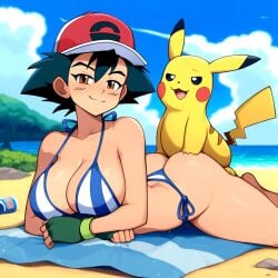 1boy 1boy1girl 1girls ai_generated ass beach beach_towel bestiality bikini black_hair breasts brown_eyes cold_shrike crossgender female feral feral_on_human game_freak genderswap_(mtf) gloves hat human looking_at_viewer male male/female mtf_crossgender nintendo novelai ocean pikachu pokemon pokemon_(anime) pokemon_(species) pokephilia prone_bone rule_63 sand satoshi_(pokemon) sea seaside sex sky smug water yellow_body yellow_fur zoophilia