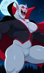 ai_generated bald big_thighs bulge_under_clothes cape dracula extreme_muscles fancy_clothing fangs fangs_out full_moon fully_clothed glowing_eyes huge_pecs monster moon muscles muscular muscular_male muscular_thighs night night_sky nipples_visible_through_clothing open_mouth pecs pectorals pointy_ears red_eyes smiling thick_thighs tight_clothes tight_clothing vampire vampire_costume