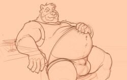 anthro bar bear beard big_bulge biped bottomwear bulge chibear chibsarts clothing detailed_bulge exposed_belly facial_hair hotpants male male_anthro mammal muscle_shirt musclegut muscular scratching_belly shorts sitting solo spread_legs spreading