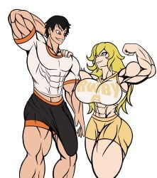 abs ass biceps blonde_hair bulge calves couple flexing forearms gym_clothes huge_breasts large_breasts large_bulge large_penis muscular muscular_female muscular_male oc orion_(tomkat96) pecs penis_in_shorts quads rooster_teeth rwby shorts shy_male sports_bra staring_at_another t-shirt thick_thighs tight_clothing tomkat96 yang_xiao_long