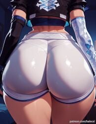 ai_generated ass ass_focus asymmetrical_gloves balecxi black_jacket close-up elbow_gloves female from_behind luna_snow luna_snow_(marvel_rivals) marvel marvel_rivals patreon_username short_shorts solo thighs white_shorts