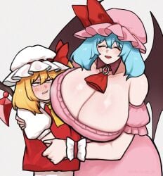 2girls big_breasts bigger_female blonde_female blonde_hair blue_hair blue_hair_female blush breasts breasts_bigger_than_head clothed clothed_female clothing dobolonge female flandre_scarlet fully_clothed height_difference huge_breasts humanoid implied_incest incest larger_female light-skinned_female light_skin mature_female milf remilia_scarlet sister sisters size_difference touhou vampire vampire_girl yuri