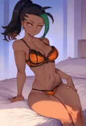 ai_generated aksn bare_arms bare_legs bare_shoulders bare_thighs big_breasts bra clothed clothing color dark-skinned_female dark_skin female female_focus female_only game_freak hi_res large_breasts lingerie long_hair looking_at_viewer nemona_(pokemon) nintendo panties pokemon pokemon_sv pokemon_trainer solo solo_female tagme thick_thighs underwear