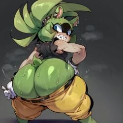 1girls ai_generated big_ass big_butt blue_eyes brax_(artist) civitai green_body green_fur hips mobian_(species) non-human piercings pull_out sharp_teeth shortstack small_breasts sonic_(series) sonic_the_hedgehog_(series) stable_diffusion surge_the_tenrec tagme tenrec tied_hair wide_hips