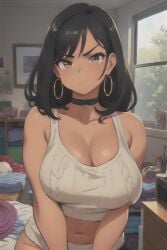 ai_generated angry angry_face big_breasts big_breasts bra choker dark_hair earrings female hoop_earrings knitting lookuing_at_viewer messy messy_room stable_diffusion tan_body tan_skin underwear underwear_only