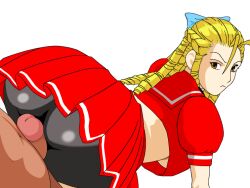 1boy 1girls 2d ass blonde_hair bubble_butt busty capcom drill_hair female female_focus hourglass_figure karin_kanzuki long_hair ninjardin on_all_fours school_uniform schoolgirl street_fighter street_fighter_alpha tagme underboob wide_hips