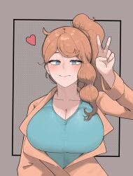 azz0422 big_breasts blue_eyes blush coat game_freak heart long_hair looking_at_viewer nintendo orange_hair peace_sign pokemon pokemon_ss ponytail simple_background sonia_(pokemon) v v_sign