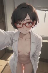 ai_generated bare_nipples blush collarbone female glasses lab_coat lab_coat_only labcoat looking_at_viewer naughty_face nude nude_female pussy scientist selfie short_hair small_breasts stable_diffusion thighs