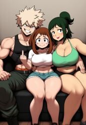 ai_generated artist_name artist_request blonde_hair blonde_hair blonde_hair_male blonde_male brown_eyes brown_hair clothed clothed_female clothed_male clothing green_eyes green_hair green_hair_female inko_midoriya katsuki_bakugou middle_finger muscular muscular_male my_hero_academia ochako_uraraka