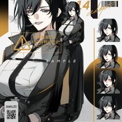 agata_323 big_breasts black_hair blue_eyes boots breasts busty busty_female coat female female_focus female_only gloves jacket oc older_female original original_character pants smile smiling smoking smoking_cigarette taller_female thick_thighs tie tight tight_clothing tired_eyes