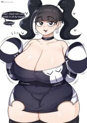 :3 :d curvy dialogue eloise_(startop) english_text gigantic_breasts goth revealing_clothes sleeves_past_fingers startop text thick_thighs twitter_username undersized_clothes voluptuous watermark wide_hips