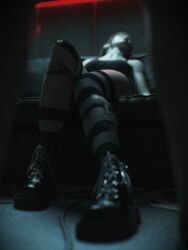 1girls 3d asleep clothed clothing depth_of_field female female_only goth indoors platform_boots ripped_clothing shoelac3 slushe_(website) solo solo_female striped striped_legwear torn_clothes torn_socks