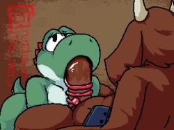 2boys anthro bedroom_eyes bodily_fluids bovid caprine fan_character fellatio gay goat looking_pleasured male male/male mammal mario_(series) narrowed_eyes nintendo nintendo_3ds nintendo_ds_family oral penile reptile saliva scalie seductive sex spiral2005 tongue yoshi