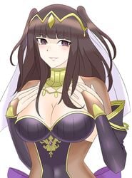 1girls alternate_costume bangs black_hair bodystocking breasts bride cleavage clothed clothing female female_only fire_emblem fire_emblem_awakening fire_emblem_heroes large_breasts long_hair maplesugar7324 nintendo official_alternate_costume purple_eyes smile solo tharja_(bridal)_(fire_emblem) tharja_(fire_emblem) wedding_dress