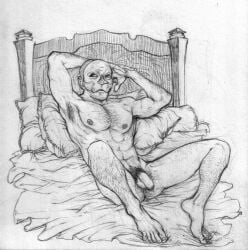 1boy dragon_age dragon_age_inquisition flaccid flaccid_penis gaspard_de_chalons hands_behind_head legs_apart line_art male male_only masked masked_male oldstupidtemplar on_back on_bed pinup