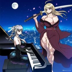 2girls ai_generated akamatsu_kaede cow-ede_akamatsu danganronpa dress huge_breasts katana kimono pekoyama_peko rebis_(style) tagme