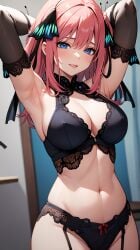 ai_generated armpits big_breasts blue_hair go-toubun_no_hanayome hands_behind_head nakano_nino navel short_hair stable_diffusion wide_hips