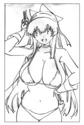 1girls arm_up artist_name big_breasts bikini breasts busty child_bearing_hips cleavage female female_only fingerless_gloves gloves hair_ribbon hand_on_hip highres king_of_fighters large_breasts legs long_hair looking_at_viewer monochrome nakoruru navel open_mouth pose posing ribbon samurai_shodown sensual sketch smile snk solo swimsuit thighs tongue traditional_media v very_long_hair voluptuous