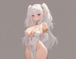 1girls ai_generated blank_background elf elf_female light-skinned_female red_eyes white_hair