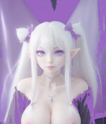 1female absurd_res ai_generated big_eyes breasts cat_ears elf emilia_(re:zero) female highres huge_breasts indoors large_eyes large_pupils looking_at_viewer naked nipples nude_female pink_nipples purple_eyes re:zero_kara_hajimeru_isekai_seikatsu realistic white_hair