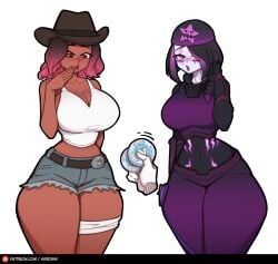 2d 2girls big_breasts black_hair blush blush brown_hair calamity_(fortnite) cleavage clothed curvy dark-skinned_female dark_skully_(fortnite) disembodied_hand female female_focus fortnite fortnite:_battle_royale hat kerosin light-skinned_female lipstick mostly_clothed open_mouth pink_highlights simple_background skully_(fortnite) tagme thick_thighs thighs white_background