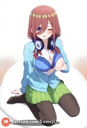 ai_generated blue_eyes blush bra breasts brown_hair closed_eyes go-toubun_no_hanayome hand_on_breast headphones nakano_miku open_clothes tights tongue_out yumeji_