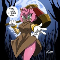 2d 2d_artwork amy_rose amy_rose_(sonic_movie) big_breasts bracelets clothing eyelashes forest_background gloves green_eyes hourglass_figure legs leoposting moon open_smile paramount_pictures piko_piko_hammer pink_fur sega smiling_at_viewer sonic_(series) sonic_the_hedgehog_(film) sonic_the_hedgehog_(series) spanish_text thick_thighs