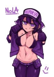 1girls 2025 absurdres awaria big_breasts bra breasts breasts_out cleavage curly_hair cute female female_only hat hips logo looking_at_viewer nolasenzei purple_eyes purple_hair short_hair smiling thick_thighs thighs ula_usterka wide_hips