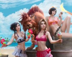 1boy 3girls abs aerith_gainsborough aerith_gainsborough_(pink_mermaid) bare_legs beach bikini bikini_skirt bikini_top_only black_hair blue_sky bow breasts brown_hair cleavage cocktail_glass cup drinking drinking_glass drinking_straw final_fantasy final_fantasy_vii final_fantasy_vii_rebirth final_fantasy_vii_remake flame-tipped_tail floral_print_bikini frilled_bikini frills hairbow highres honeybunny-art ice_cream_cone large_breasts medium_breasts multiple_girls ocean official_alternate_costume official_alternate_hairstyle pink_bikini realistic red_fur red_hair red_xiii short_shorts shorts sitting sky swimsuit tifa_lockhart tifa_lockhart_(shining_spirit) toned toned_female white_bikini white_shorts yuffie_kisaragi yuffie_kisaragi_(summer_orange)