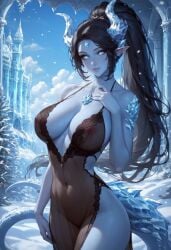 ai_generated blue_eyes blue_skin civitai cleavage dragon_girl horns large_breasts tail unholyreaper