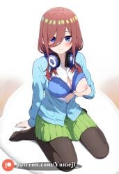 ai_generated blue_eyes blush bra breasts brown_hair go-toubun_no_hanayome hand_on_breast headphones nakano_miku open_clothes tights tongue_out yumeji_