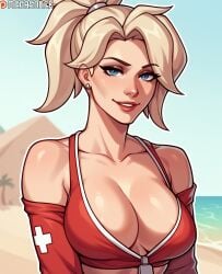 activision ai_generated bare_shoulders beach bikini blizzard_entertainment blonde_hair blue_eyes breasts cleavage collarbone earrings female jewelry large_breasts lips looking_at_viewer megasonek mercy outdoors overwatch overwatch_2 parted_lips patreon_username ponytail red_bikini smile solo swimsuit upper_body watermark