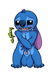 3:4 alien animal_genitalia balls big_balls big_penis black_eyes black_sclera blue_body blue_fur blush crossed_arms disney experiment_(lilo_and_stitch) feral fingering flaccid fur genitals hi_res huge_balls huge_cock hyper hyper_balls hyper_genitalia hyper_penis japanese_text lilo_and_stitch looking_at_viewer male male_only mynamestitch nervous_smile nude penis penis_tip saggy_balls shaking sheath shivering simple_background solo standing stitch_(lilo_and_stitch) teeth text tongue translation_request white_background