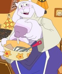 2025 5:6 anthro areola baking big_areola blush bodily_fluids boss_monster_(undertale) bovid breasts caprine cooking embarrassed female fur goat hi_res holding_breast huge_areola kitchen lactating looking_away mammal milk milk_drip mixing_bowl peeppepi solo sweat sweatdrop toriel undertale_(series) white_body white_fur