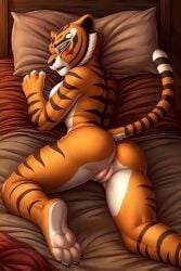 ai_generated anthro anus ass bed feline female frosting.ai furry kung_fu_panda lying lying_on_bed master_tigress naked naked_female pawpads pussy solo_female tiger