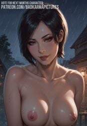 1girls ada_wong ai_generated areolae asian asian_female badkarmastudio black_hair blush breasts brown_eyes collarbone female looking_at_viewer medium_breasts naked nipples nude patreon_username pixie_cut rain raining resident_evil self_upload short_hair smile smiling smiling_at_viewer solo wet_body wet_skin